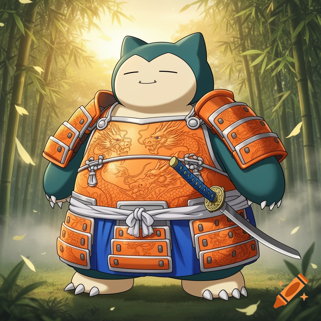 A smiling Snorlax from Pokémon, dressed in orange samurai armor with a katana, standing in a sunlit bamboo forest.