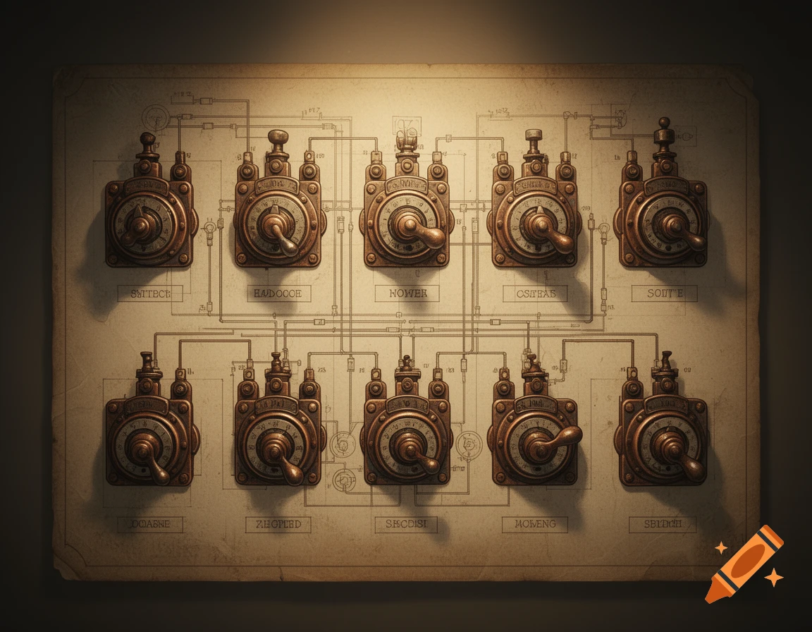 An old, sepia-toned steampunk-style circuit board with ten detailed brass switches, wiring, and illegible labels on a diagram.