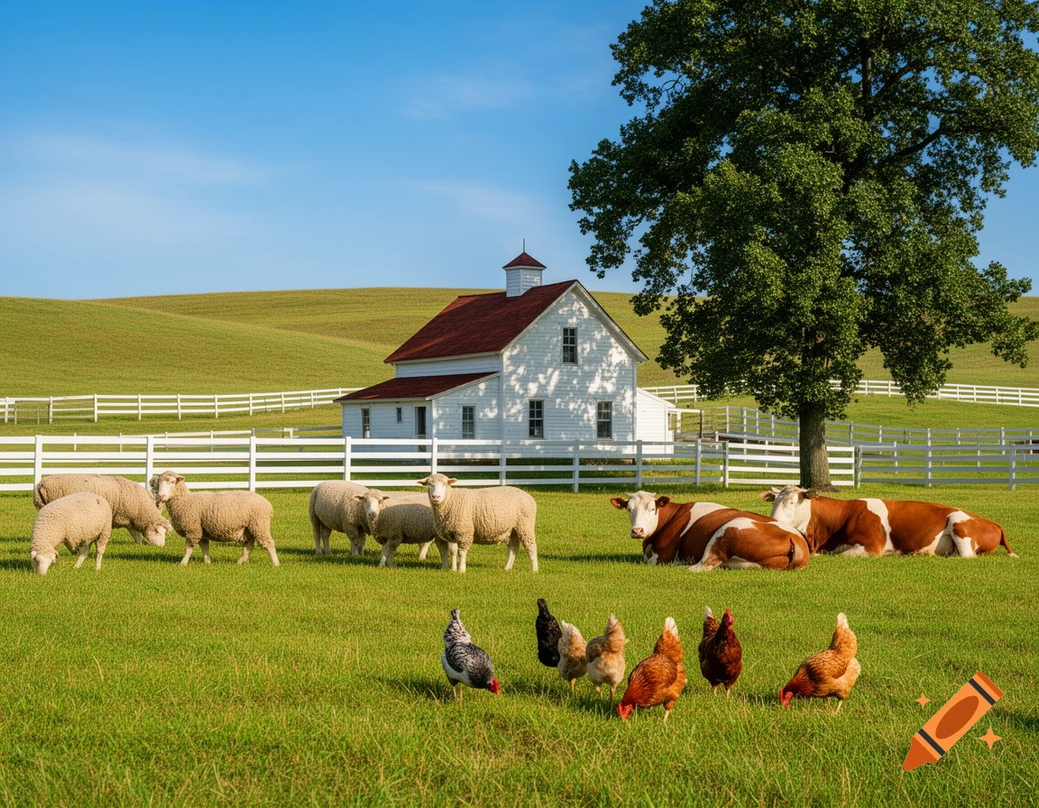 A photorealistic farm scene with sheep, cows, and chickens in a green field with a white farmhouse and a large tree.