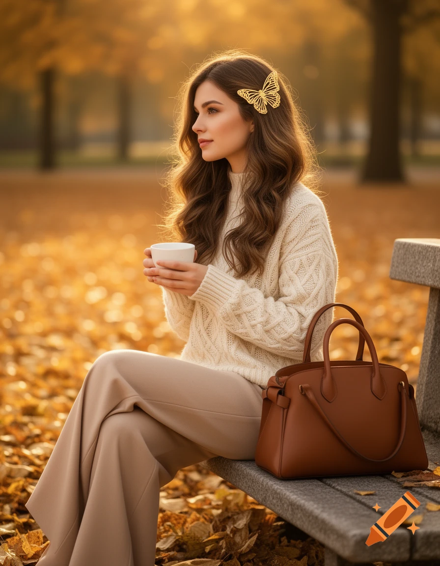 A young woman in a cream sweater and beige wide-leg pants sits on a bench in an autumn park, holding a cup, with a brown handbag beside her. She has a golden butterfly hair clip in her wavy brown hair, surrounded by golden leaves and warm sunlight.
