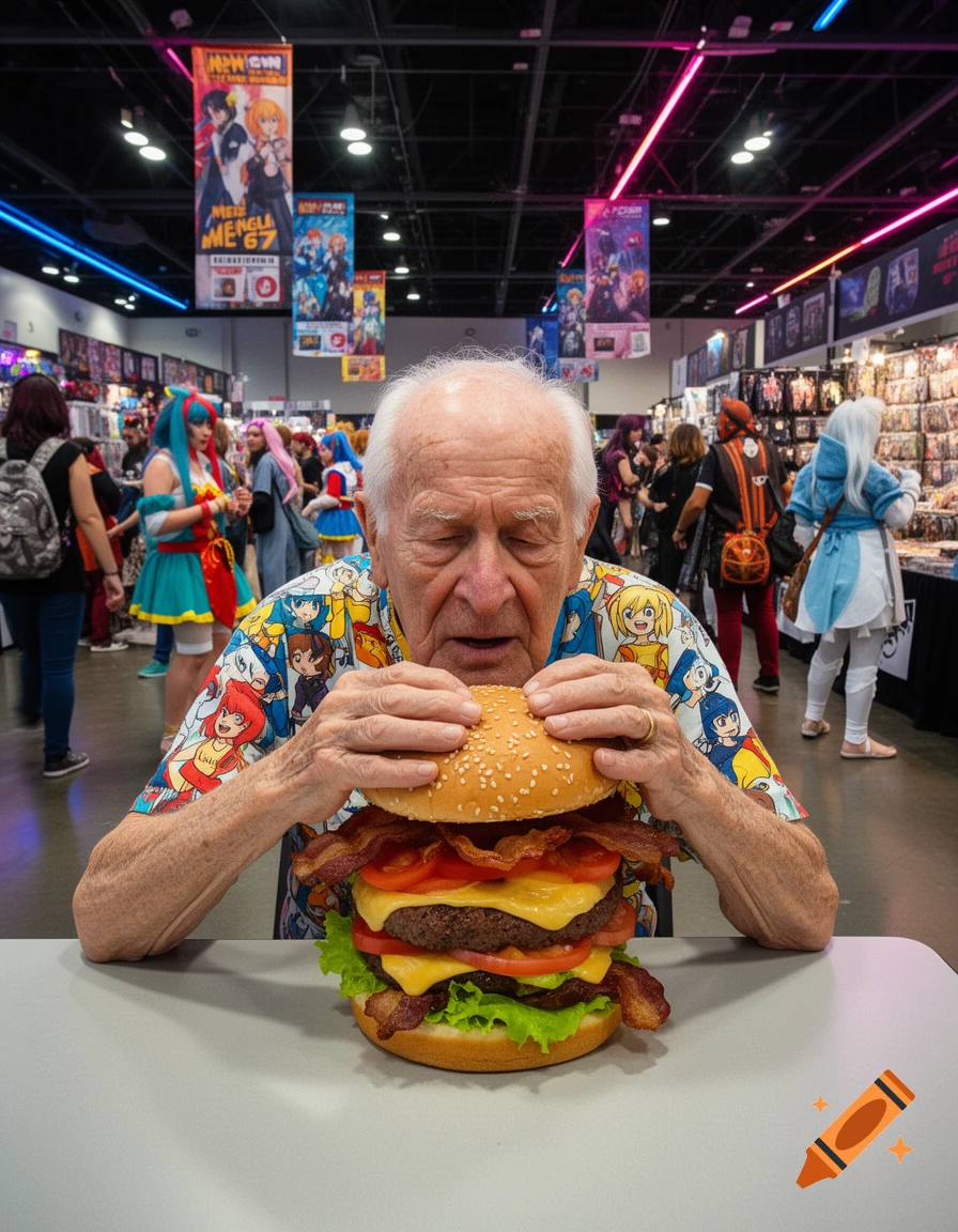 An elderly man in an anime-themed shirt attempts to eat a colossal multi-patty burger at an anime convention.