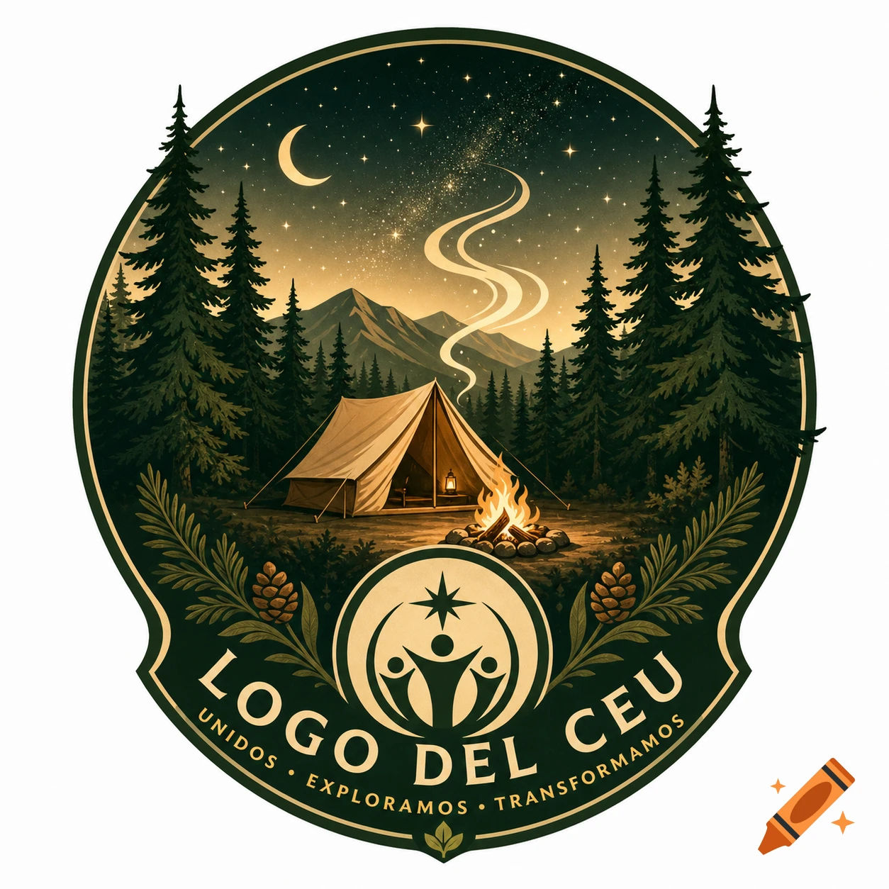 Illustrative circular camp logo with a tent, campfire, pine trees under a starry night. Text says 'LOGO DEL CEU UNIDOS EXPLORAMOS TRANSFORMAMOS'.