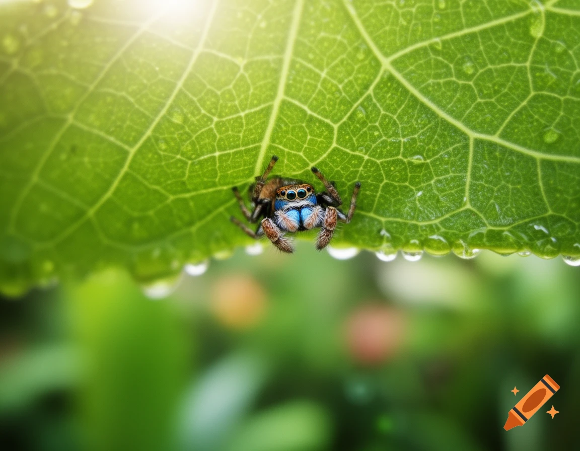 A vibrant jumping spider with blue markings peers out from under a green leaf with water droplets, photographed in close-up.