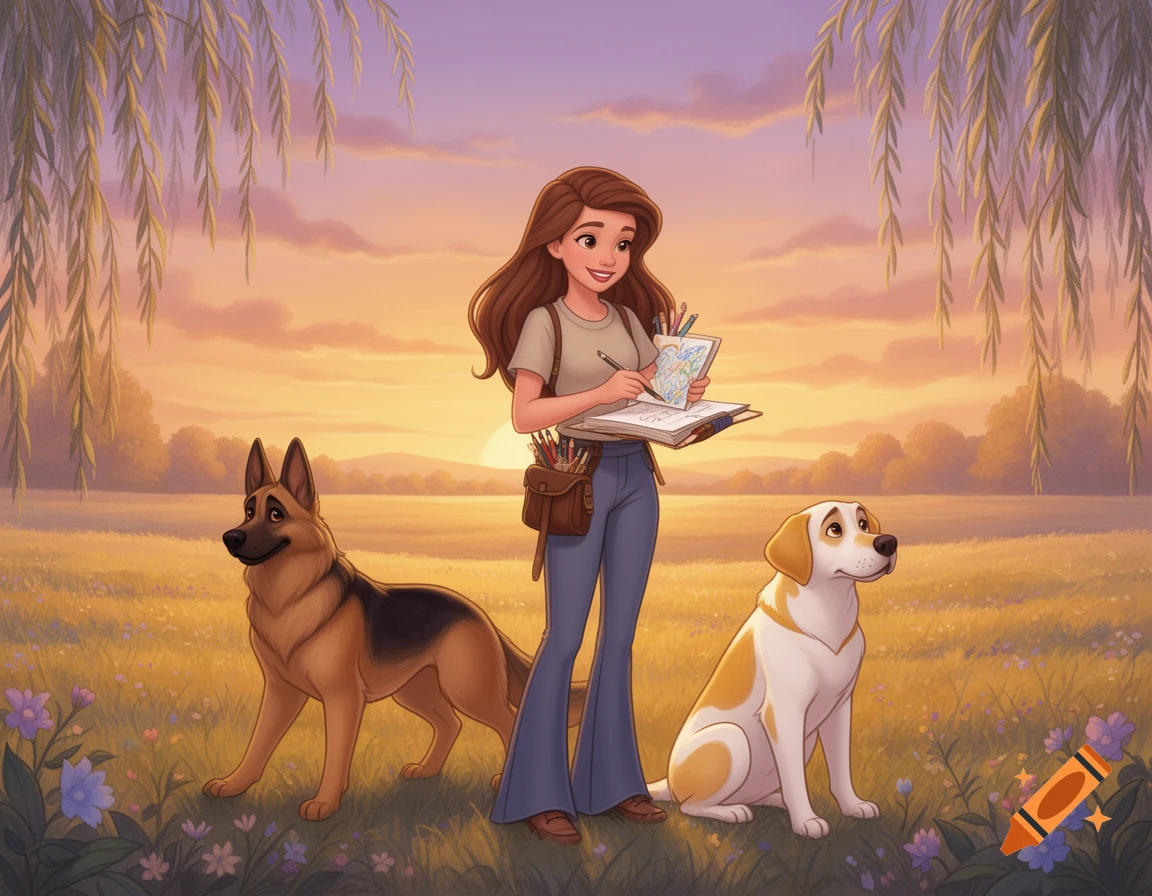 Disney-style woman drawing in a sketchbook with a German Shepherd and a Labrador in a willow landscape at sunset.
