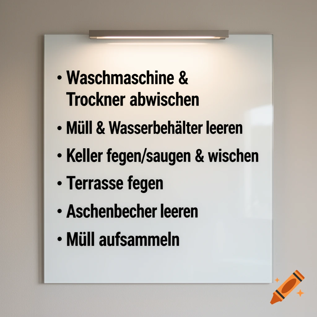 A white board with a list of six bulleted German household chores, brightly lit from above.