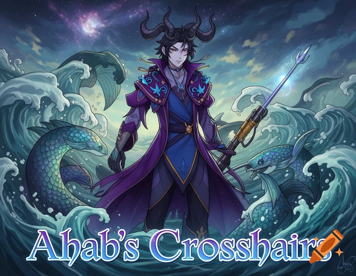 Anime fantasy art of a horned character in purple holding a glowing harpoon, surrounded by waves and sea creatures. Text: Ahab's Crosshairs.