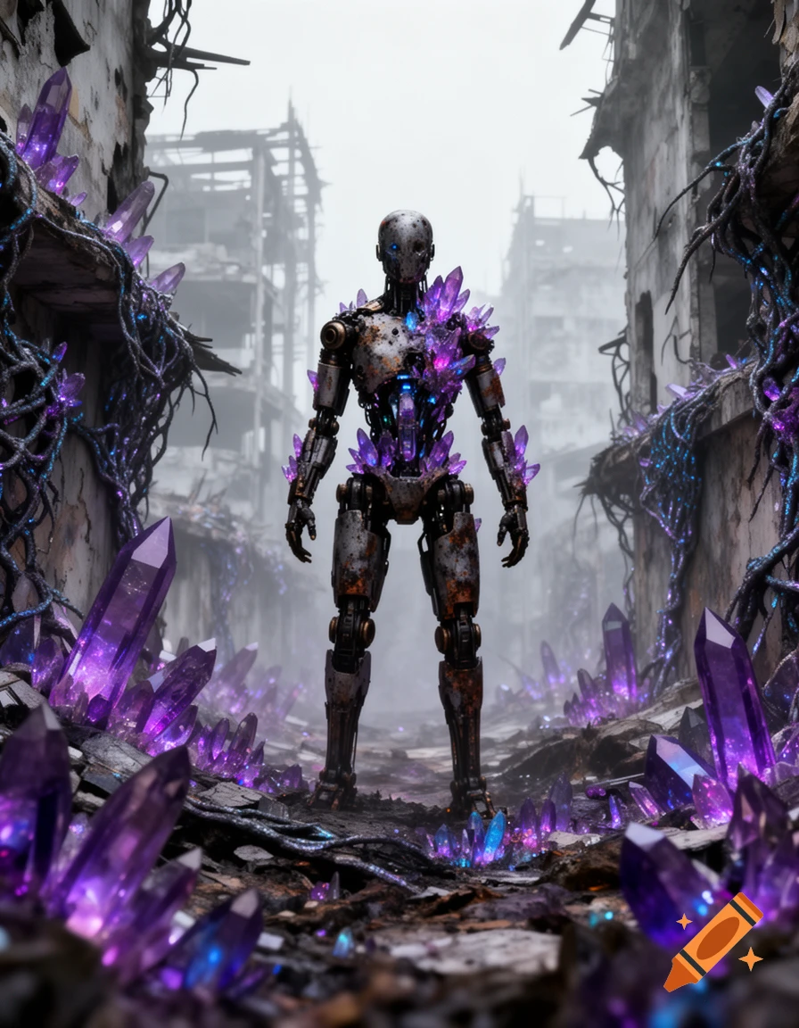 A rusty humanoid robot with glowing purple crystals stands in a foggy, destroyed dystopian city overgrown with crystals.