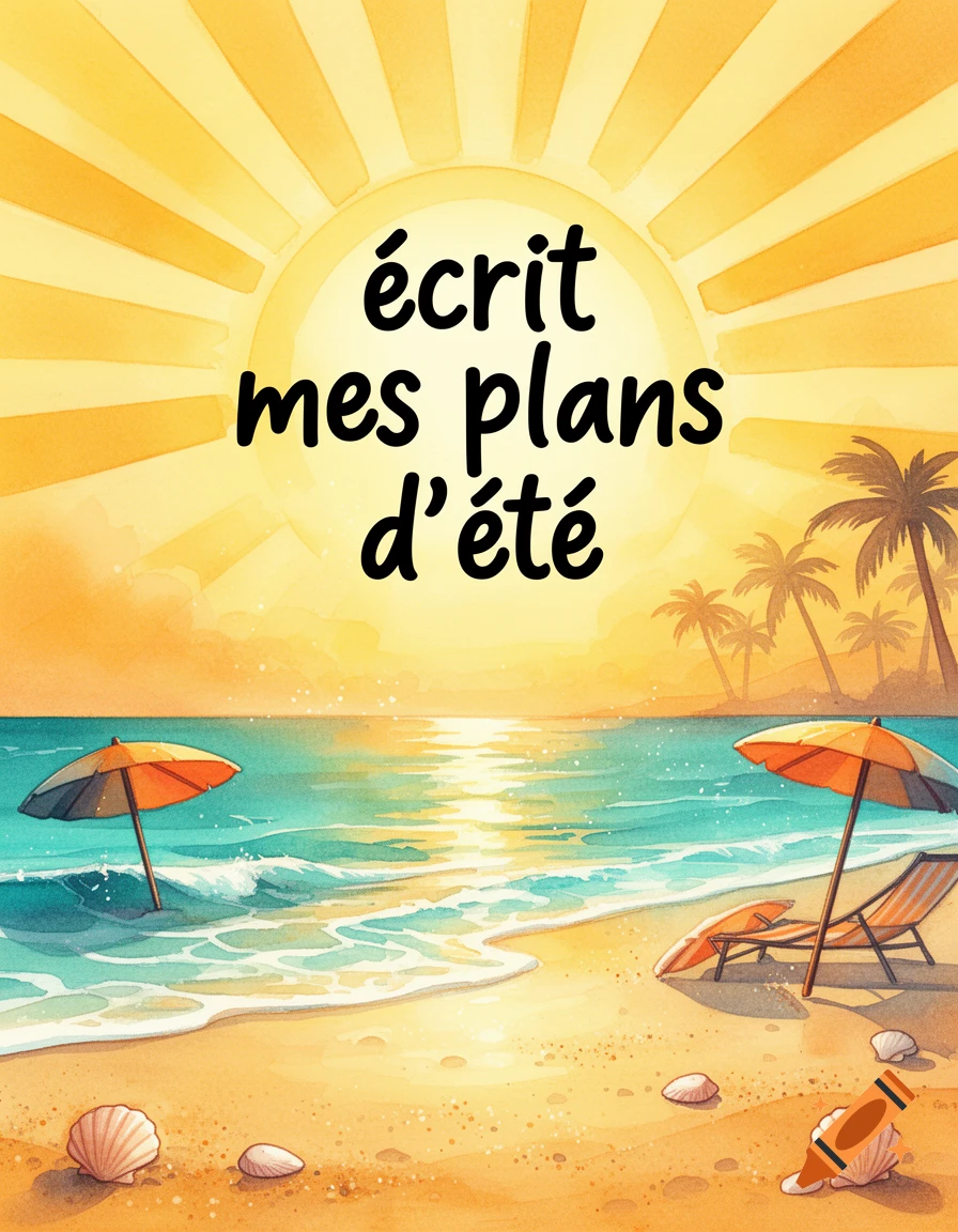 Watercolor illustration of a sunny beach with text " écrit mes plans d'été " (write my summer plans), featuring palm trees, ocean waves, beach umbrellas, and seashells.
