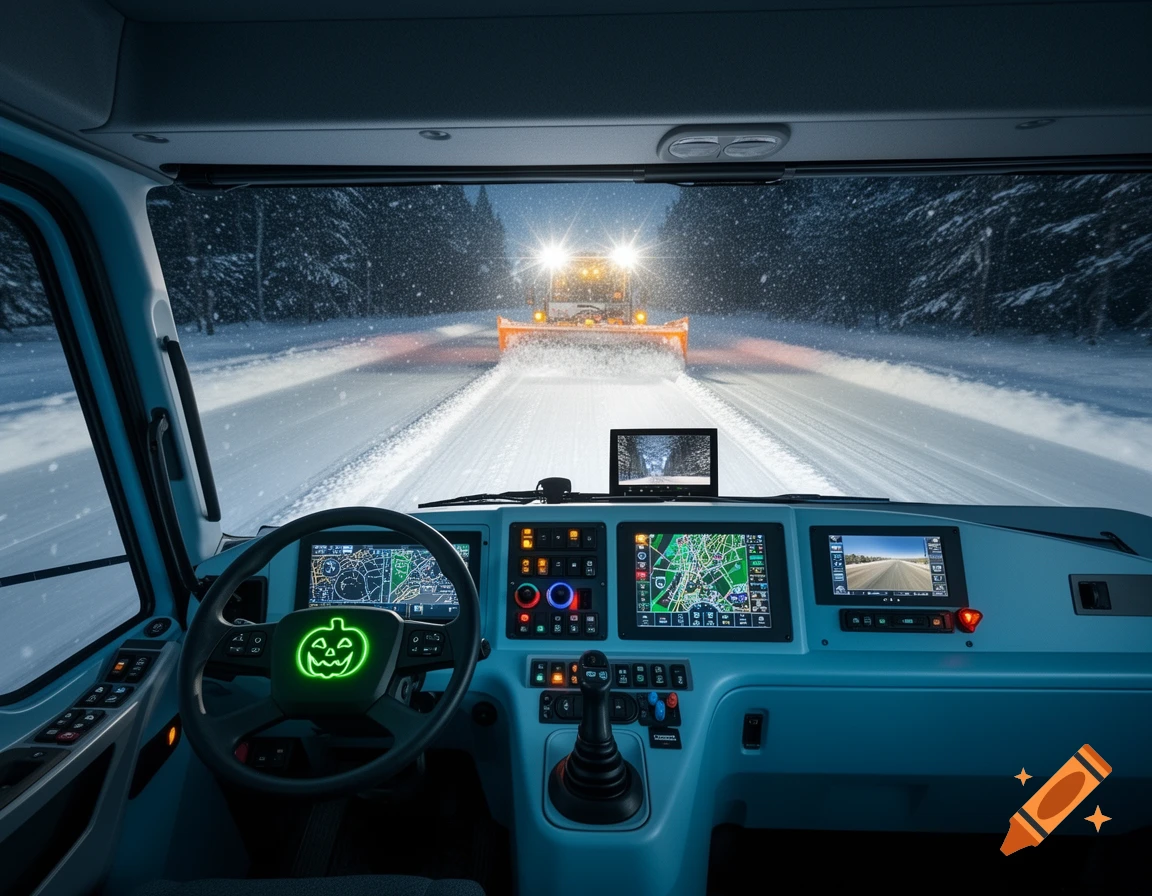 Interior view of a modern snowplow cockpit at night, with a green glowing pumpkin on the steering wheel. Multiple screens display navigation data as the plow clears a snowy road ahead.