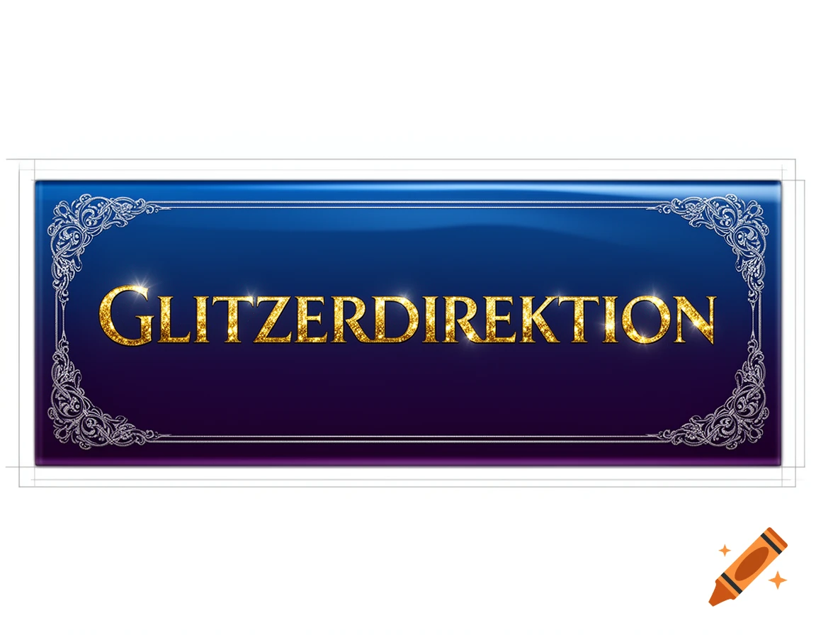 A decorative blue and purple door sign with ornate silver borders and sparkling golden text that reads "GLITZERDIREKTION".