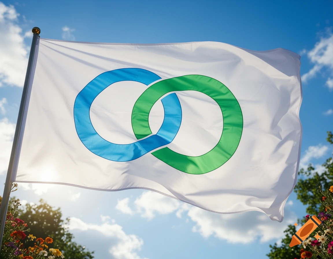 A white flag with intertwining blue and green rings waves against a bright blue sky with scattered clouds and green trees below.