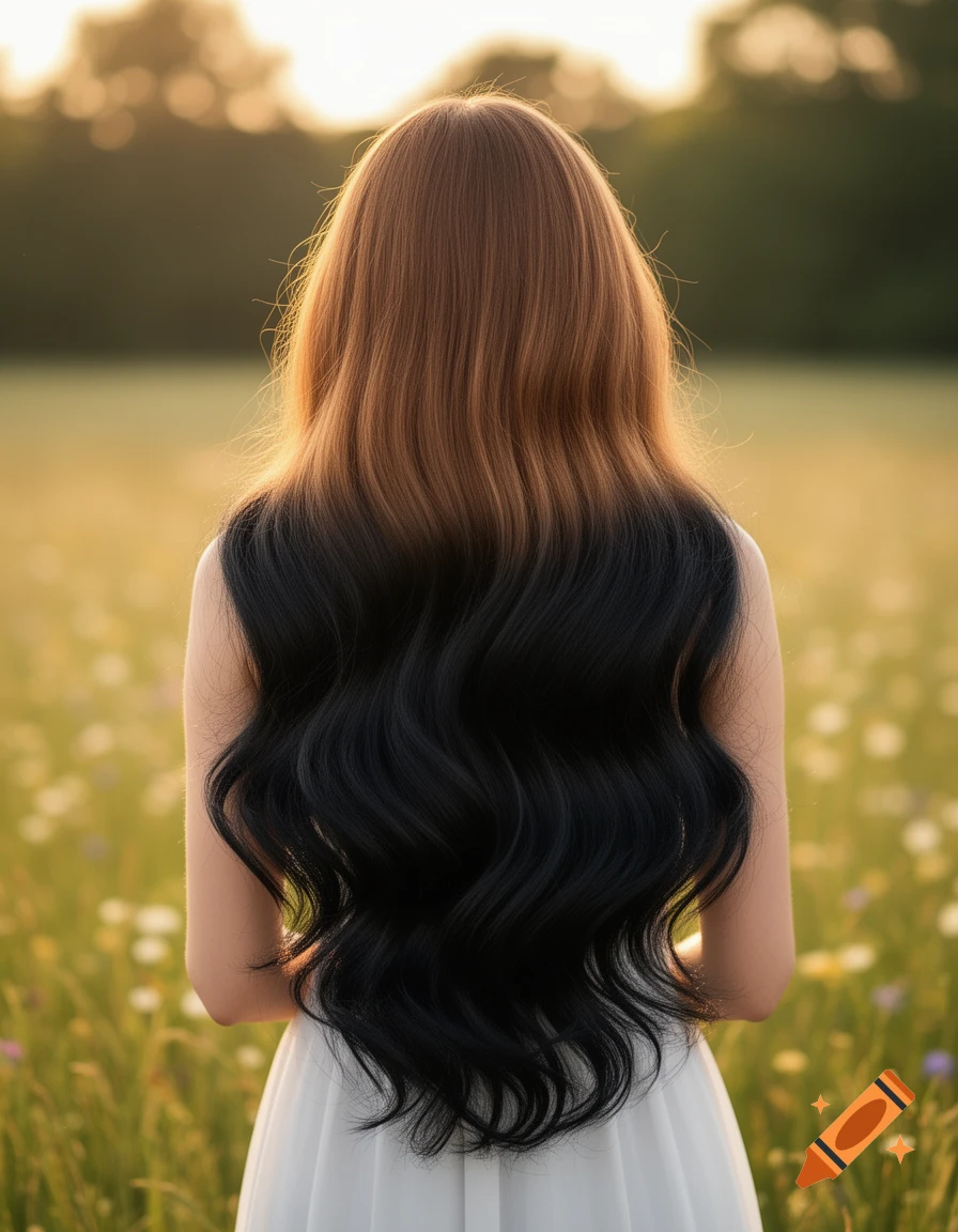 Woman from behind with long, wavy ombre hair, light brown at the roots fading to black, standing in a sunlit field.