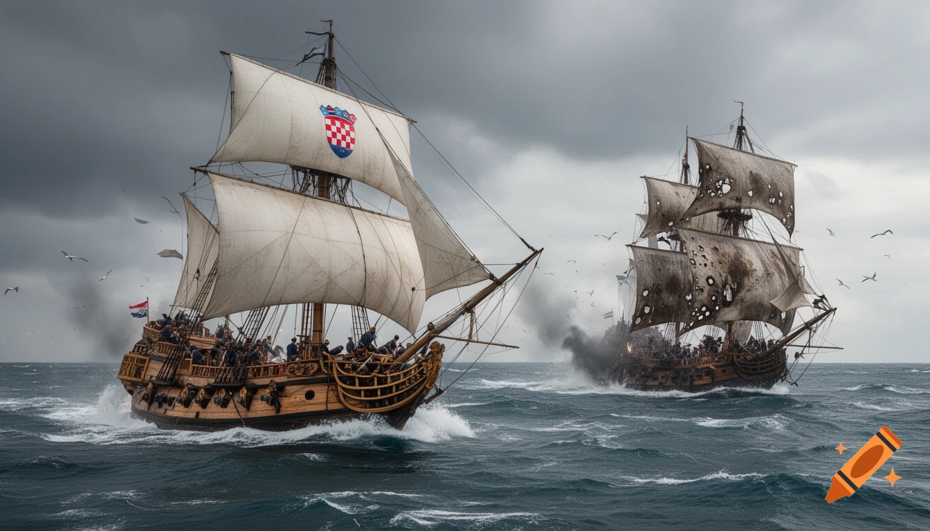 A Croatian sailing frigate engages a heavily damaged enemy sailing ship in a dramatic naval battle on stormy seas. Smoke billows from the damaged vessel.