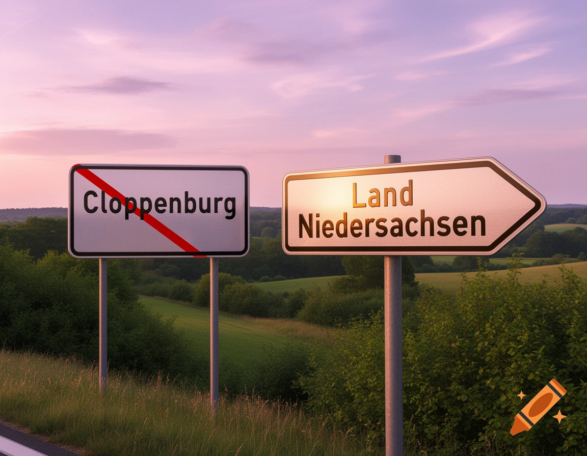 Two road signs against a pink and purple sunset sky. The left sign reads "Cloppenburg" with a red diagonal line through it. The right arrow sign points right and reads "Land Niedersachsen".
