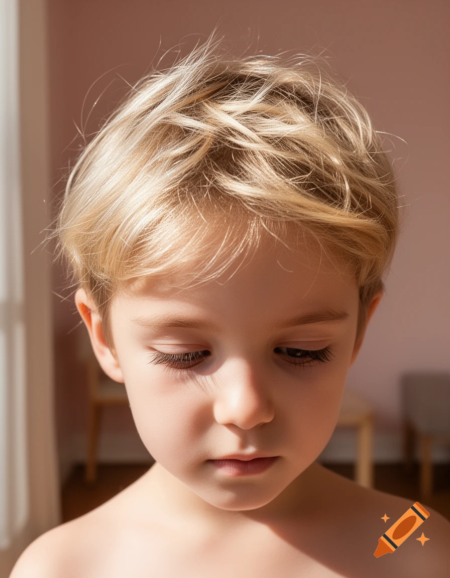 Close-up portrait of a young child with short blonde hair, looking down in soft light.