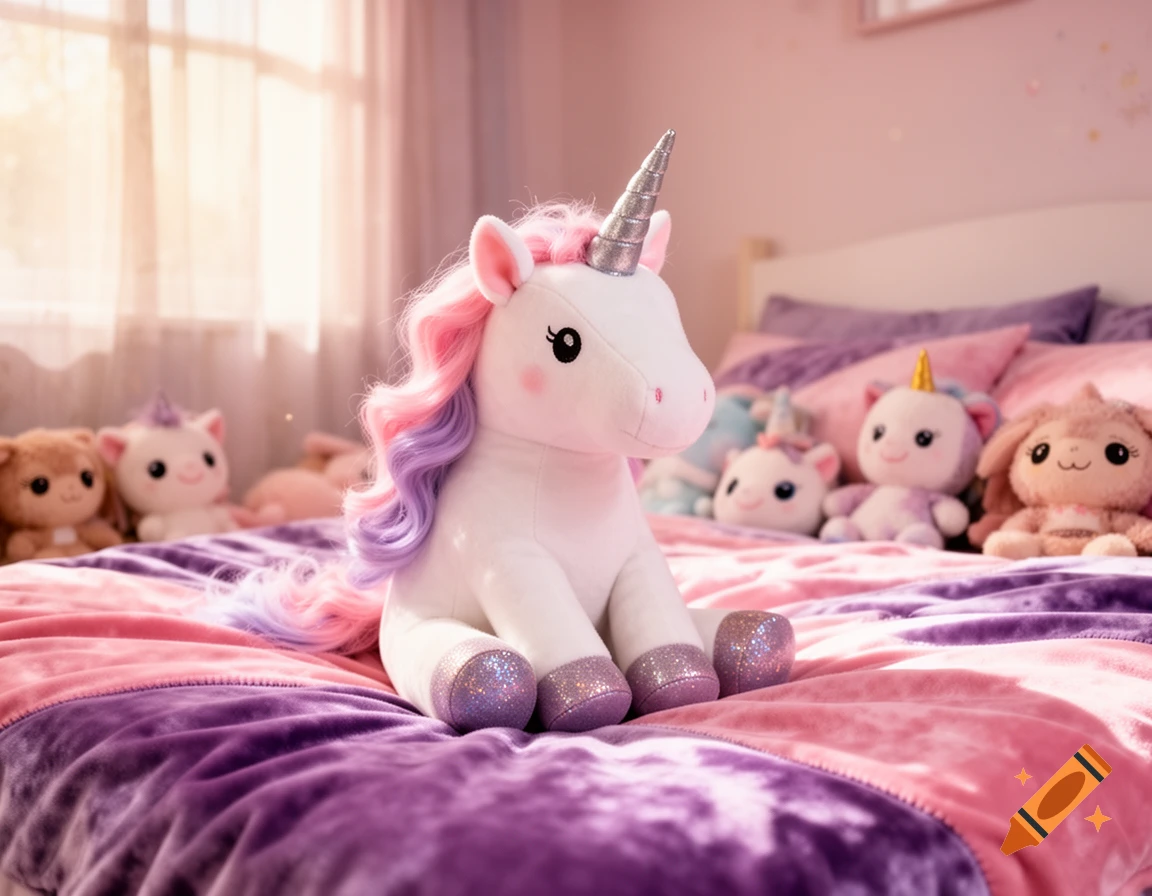 A white unicorn plush toy with pink and purple mane sits on a bed with pink and purple blankets, surrounded by other plushies.