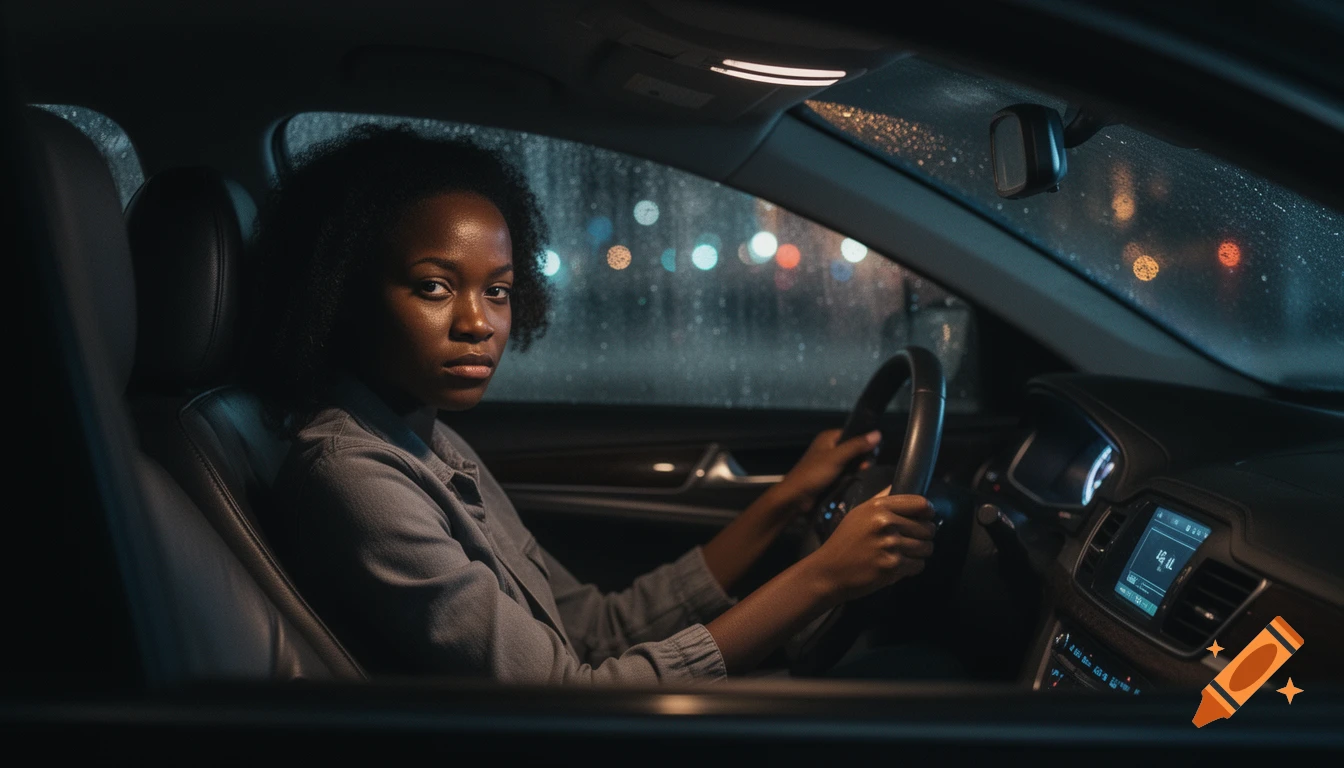 A young Black woman with a tense expression sits in the driver's seat of a car at night, hands on the steering wheel, rain on the windshield.