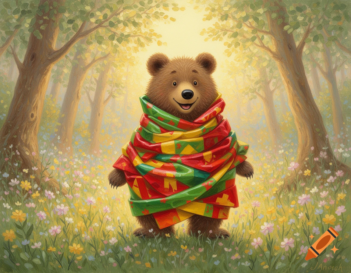 A smiling brown bear wrapped in a colorful, patterned blanket stands in a sunny, flower-filled forest in an oil-painting style.
