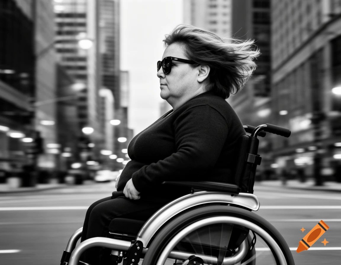 Black and white, profile view of a woman in sunglasses in a wheelchair moving fast through an urban street.