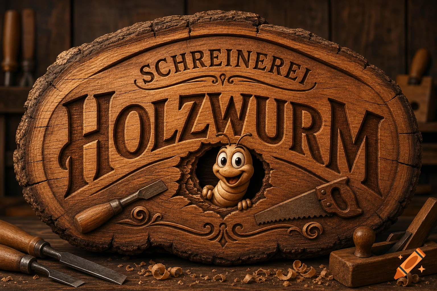 Photorealistic oval wooden sign for 'Schreinerei Holzwurm' with a cartoon woodworm, chisels, saw, and plane.