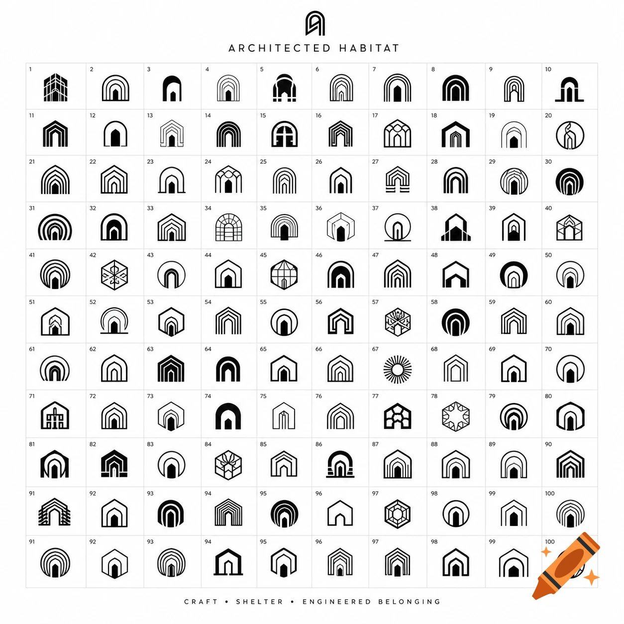 A grid of 100 black-and-white abstract symbol logos, each depicting unique architectural and shelter-inspired designs.