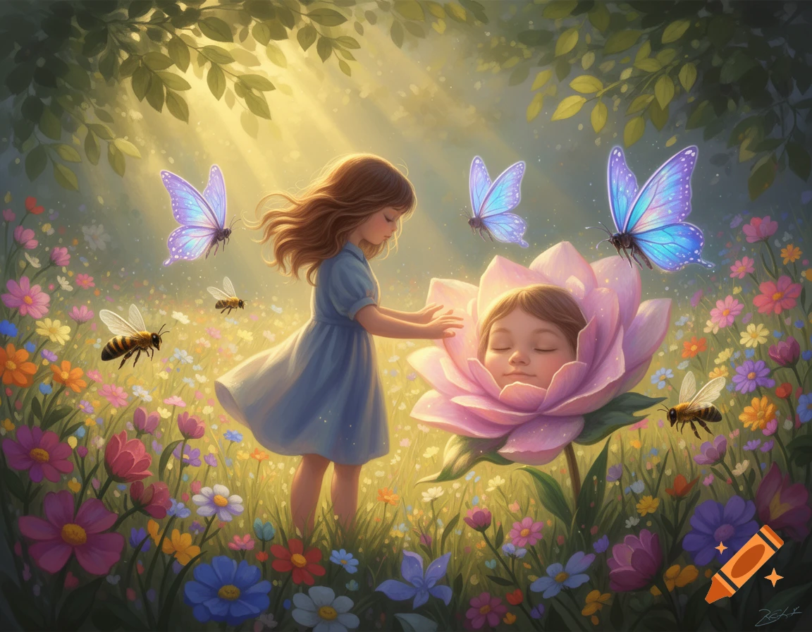 A whimsical illustration of a young girl in a blue dress gently touching a giant pink flower with a baby's face in a field of colorful wildflowers, surrounded by glowing butterflies and bees in golden sunlight.