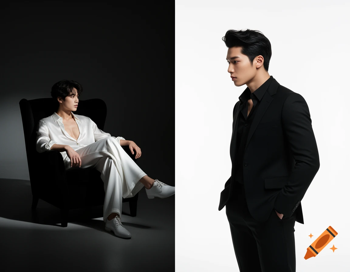 Two Korean men in a high-contrast studio portrait: one in white sits in shadow, the other in black stands in light, looking at each other.