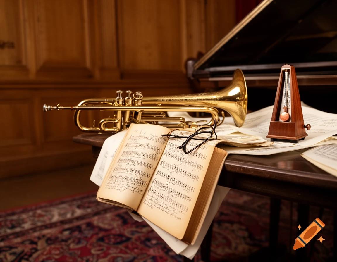 A still life with a golden trumpet, an open music book, a wooden metronome, and scattered sheet music on a dark table, with a piano in the background.