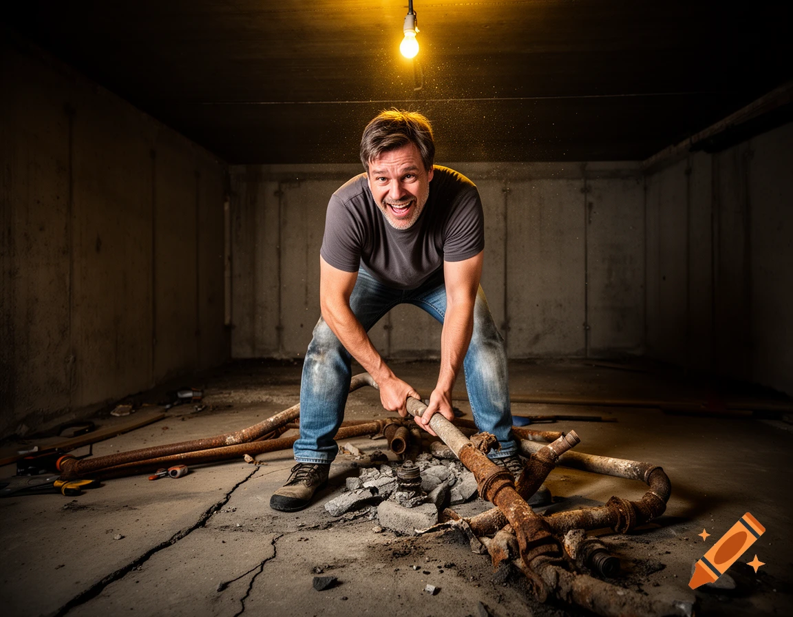 A man with a determined expression pulls apart rusty pipes in a dark, cluttered basement lit by a single bulb. Photorealistic.