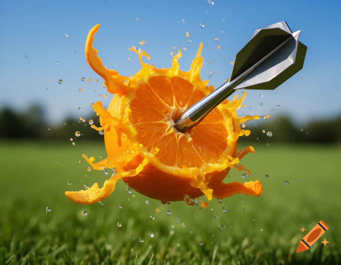 A close-up, high-speed photograph of a lawn dart piercing an orange, causing juice and peel to spectacularly splash outwards against a bright green grass and blue sky background.