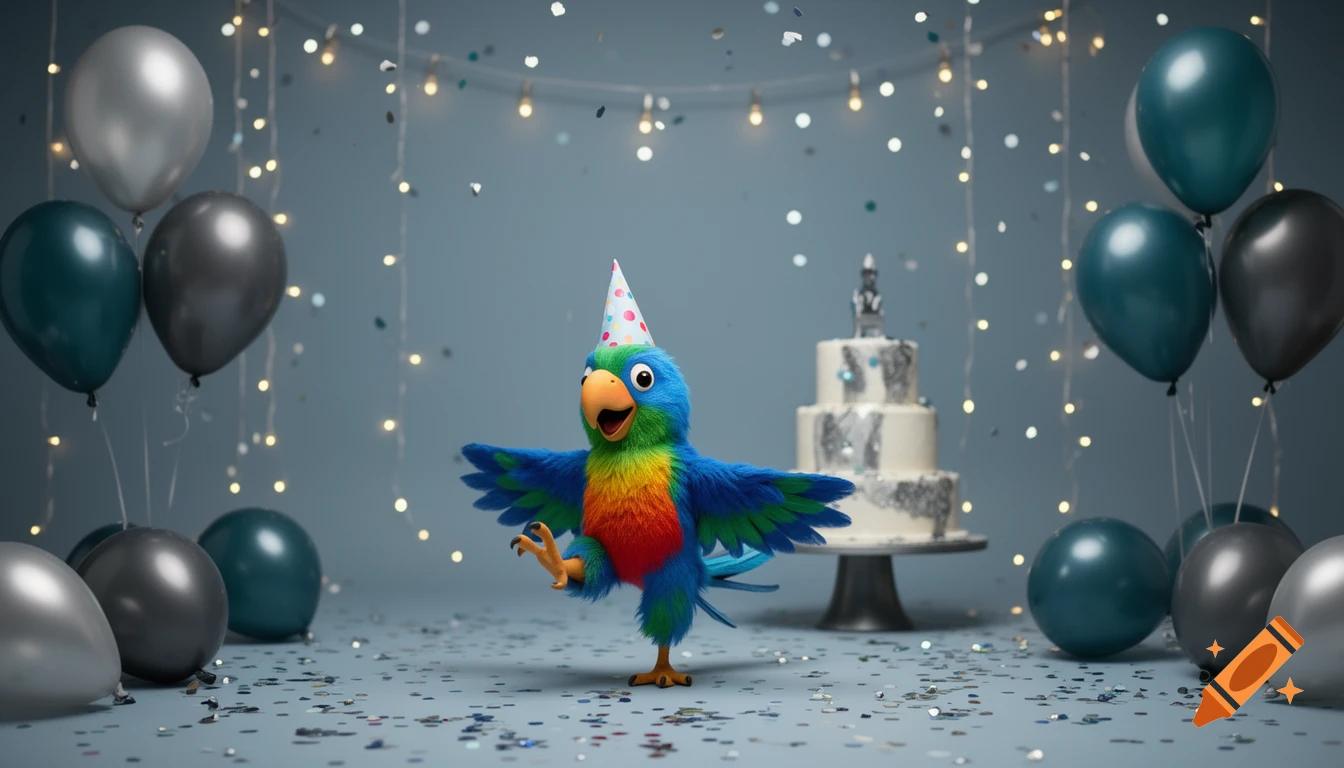 A vibrant cartoon parrot in a party hat dances amidst balloons, confetti, and string lights at a birthday celebration with a cake.