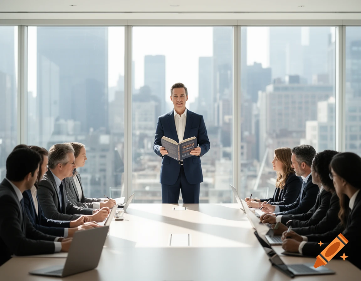 A businessman stands presenting a book to people seated at a conference table in a modern high-rise room with a city view.