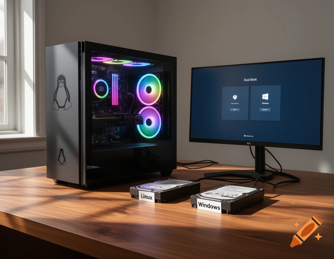 A desktop computer with RGB lighting and a monitor displaying a 'Dual Boot' menu, flanked by two hard drives labeled 'Linux' and 'Windows' on a wooden desk.