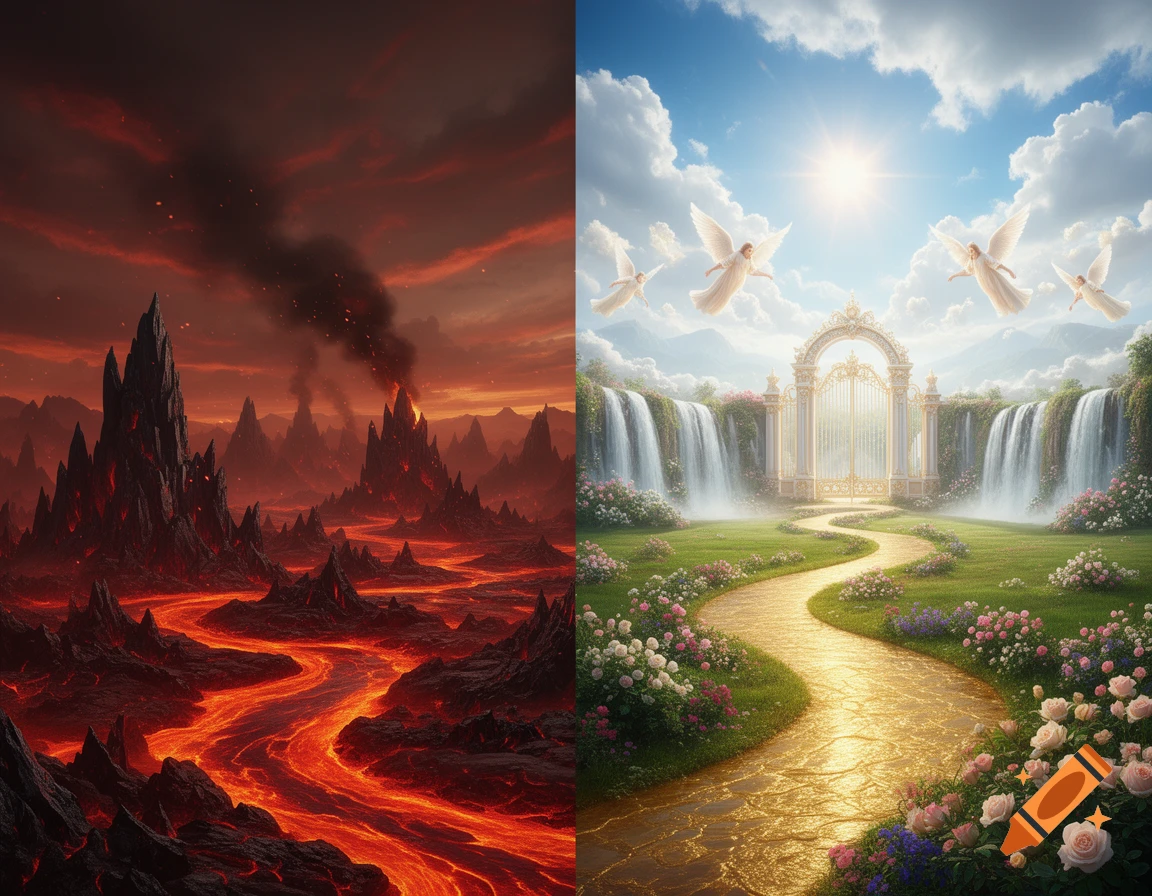 A split image showing a fiery hellscape with lava rivers on the left and a serene heaven with golden gates, waterfalls, and angels on the right.