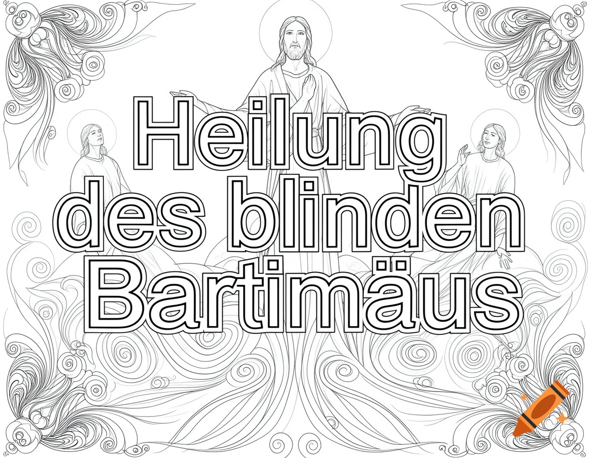 Line art coloring page depicting Jesus with two other figures and the German text 'Heilung des blinden Bartimäus' (Healing of blind Bartimaeus).