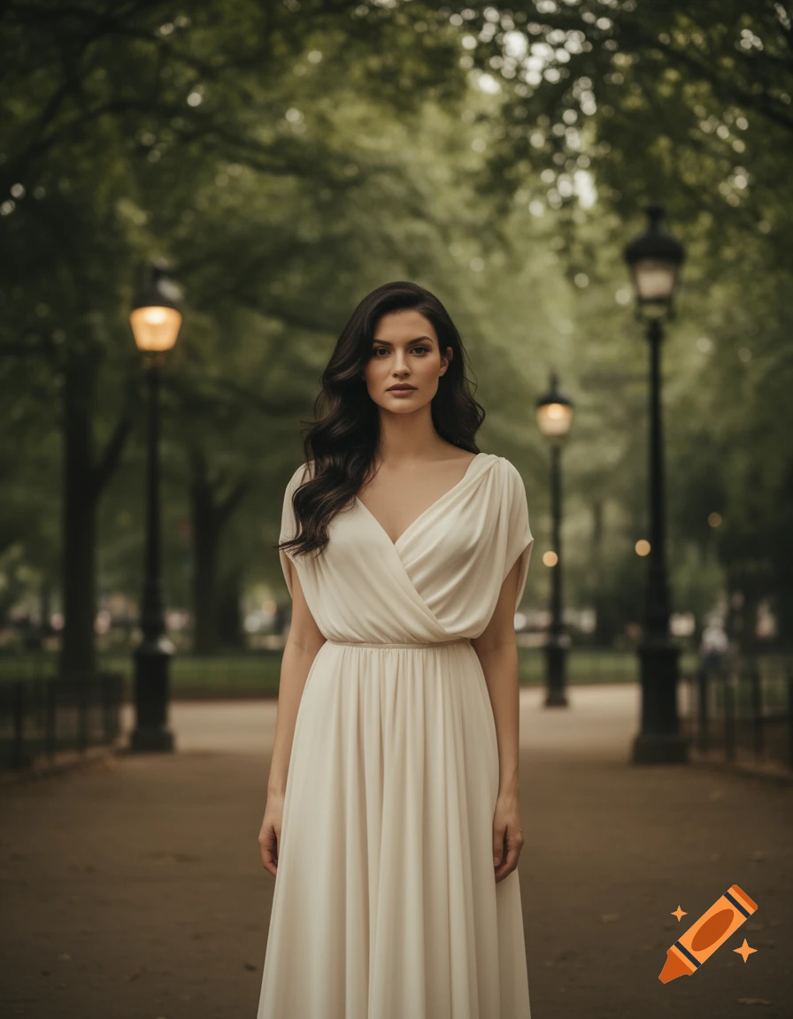 A photorealistic image of a woman with long dark hair wearing a cream-colored dress, standing in a tree-lined park.