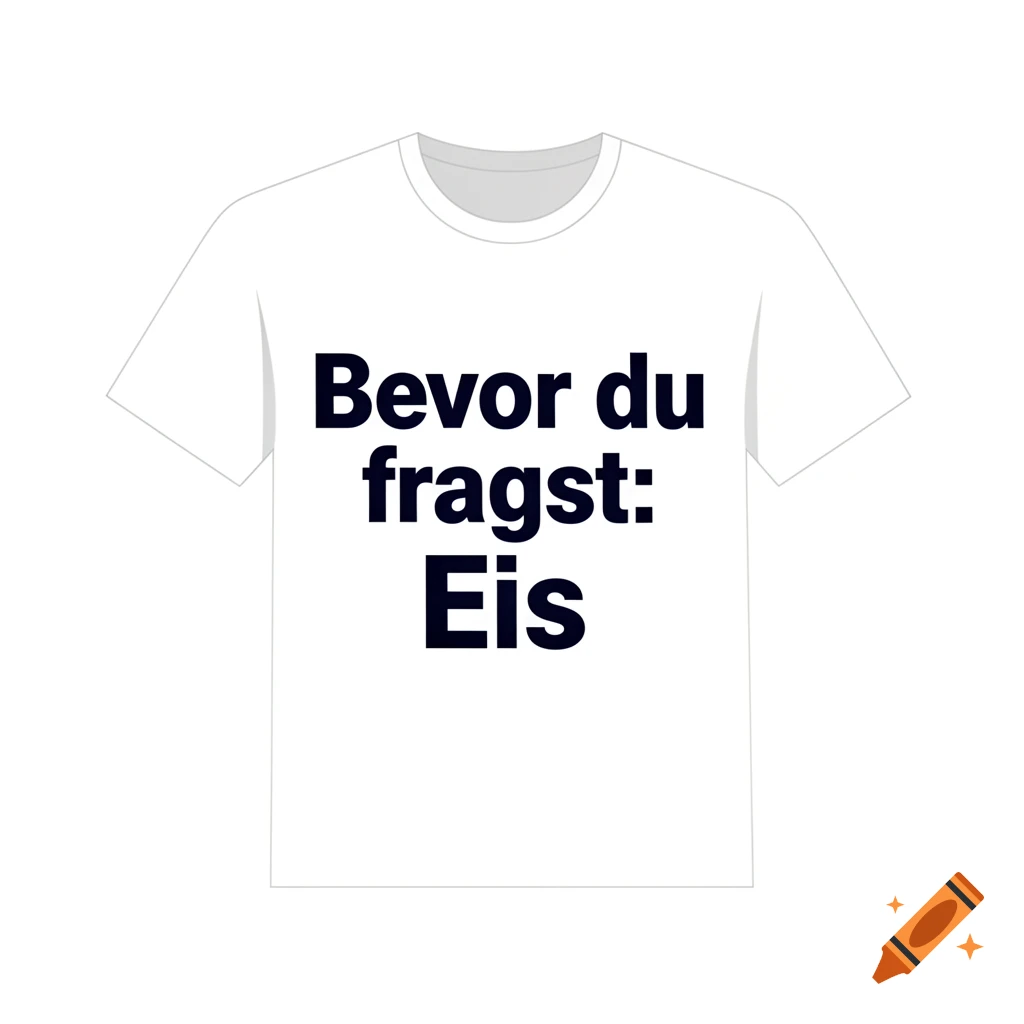 A white t-shirt with the German text 'Bevor du fragst: Eis' printed in black on the front.