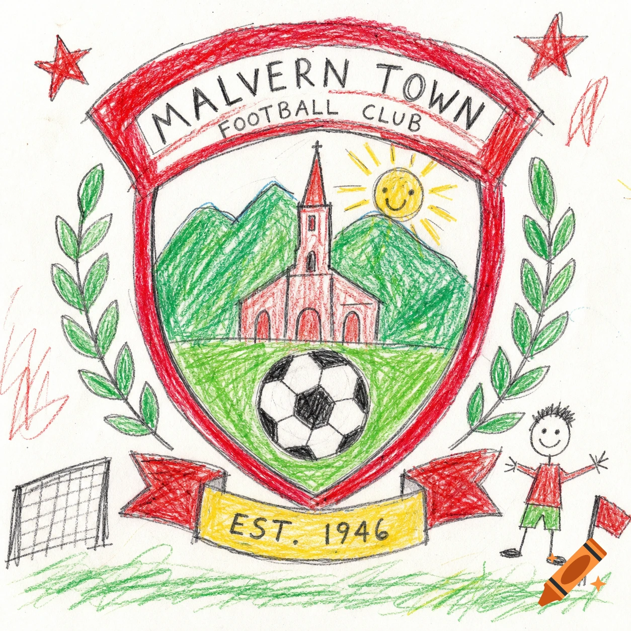 Child-like crayon drawing of the Malvern Town Football Club logo with a church, mountains, soccer ball, and smiling sun.