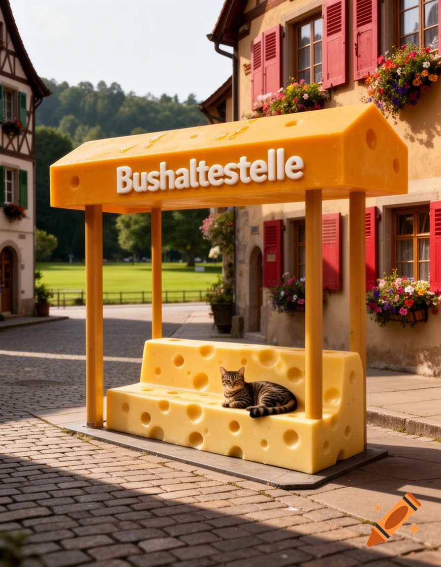 A tabby cat rests on a large cheese bus stop bench on a cobblestone street in a sunny village with traditional buildings.