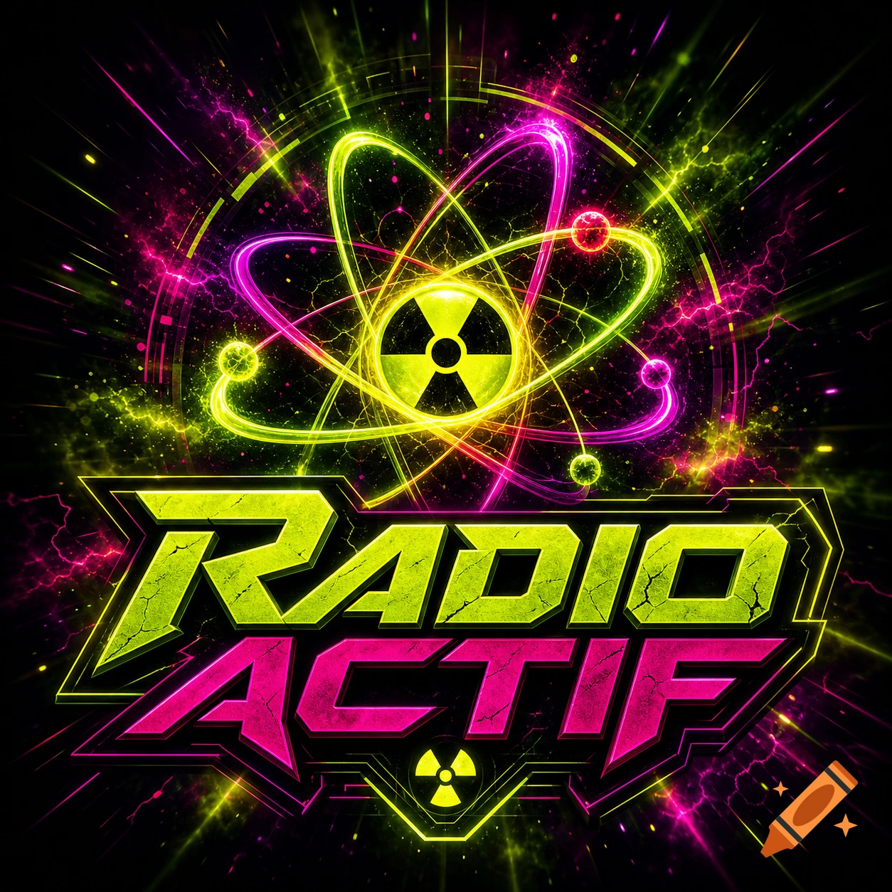 A vibrant neon logo with 'RADIO ACTIF' text, an atomic symbol, and a radioactive hazard sign, surrounded by glowing energy.