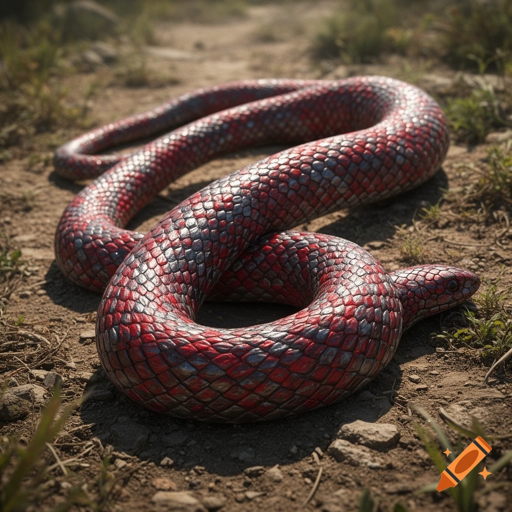 A red and grey patterned snake coiled on dry, rocky ground with sparse patches of grass.