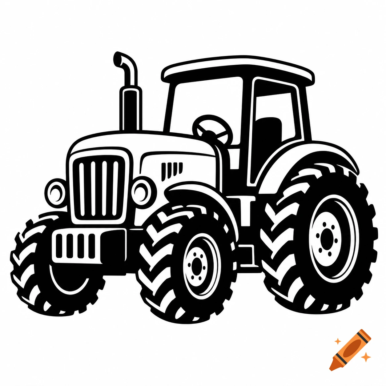 Simple black and white cartoon illustration of a tractor.