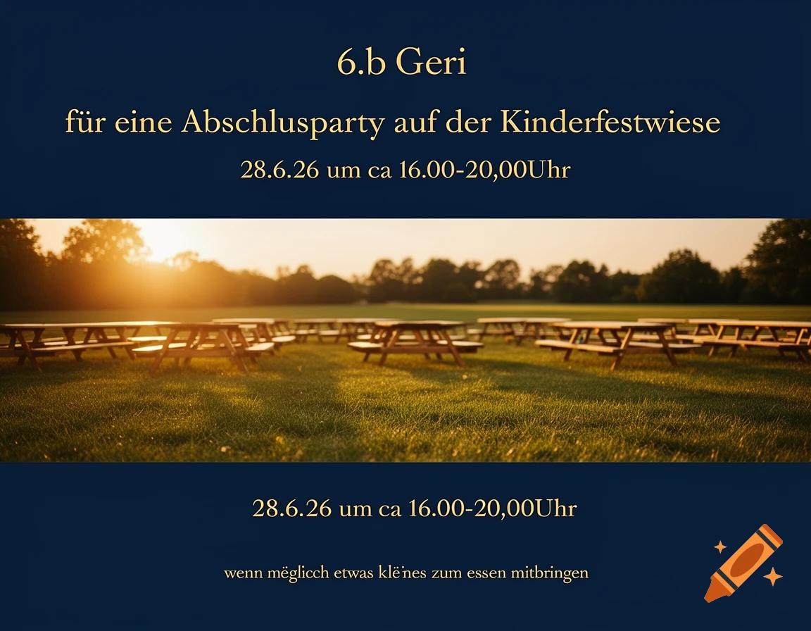 An invitation with German text for a graduation party, featuring a vibrant image of many picnic tables in a sunny grassy field at sunset.