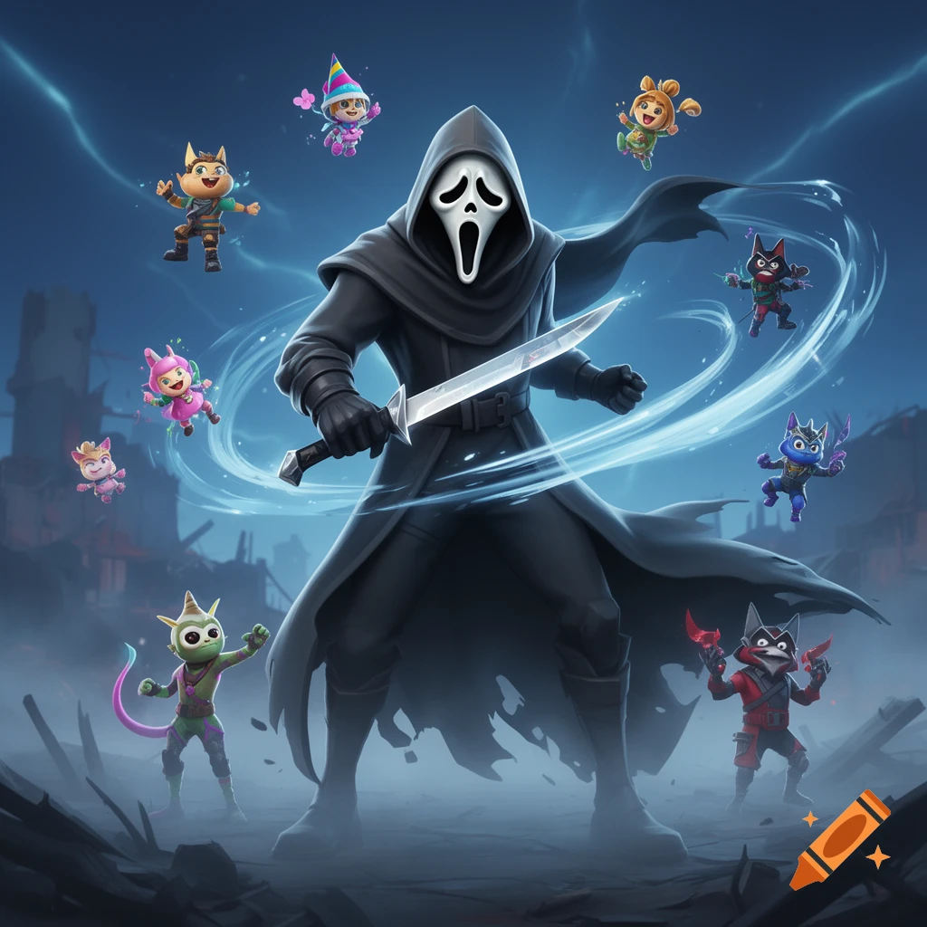 Ghostface with a knife surrounded by cartoonish, colorful creature sprites in a dark, stylized setting.