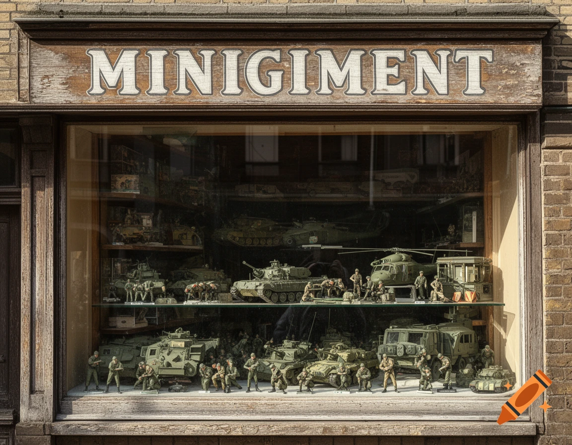 A shop window for 'Minigiment' displaying shelves of green military vehicle models and toy soldiers. Photorealistic.