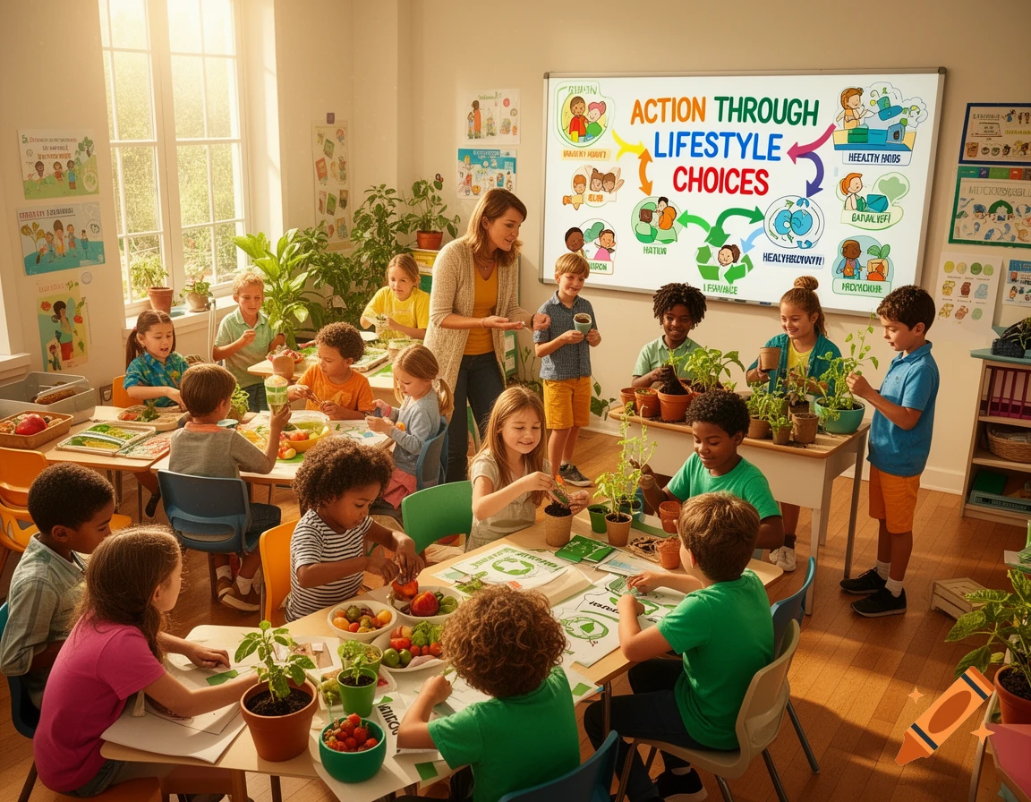 A teacher and children in a bright classroom, engaged in planting and healthy eating activities, with a whiteboard displaying "Action Through Lifestyle Choices".
