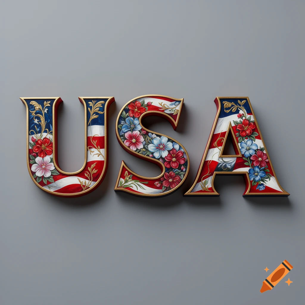3D letters USA decorated with American flag stripes, red, white, and blue flowers, and gold accents on a gray background.