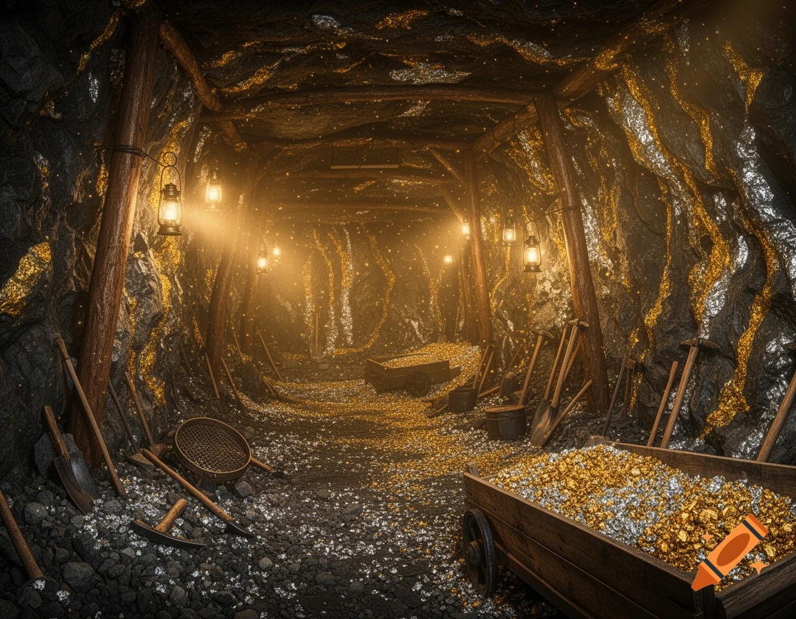 A dark gold mine tunnel, richly illuminated by glowing lanterns, with shimmering gold and silver nuggets covering the walls, floor, and filling wooden carts.