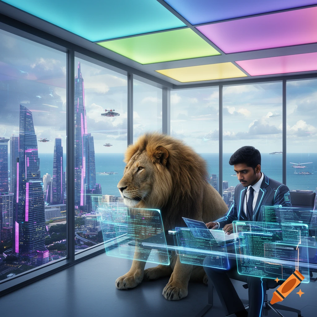 A man and a lion in a futuristic office. The man works on a laptop with holographic screens, overlooking a neon cityscape.