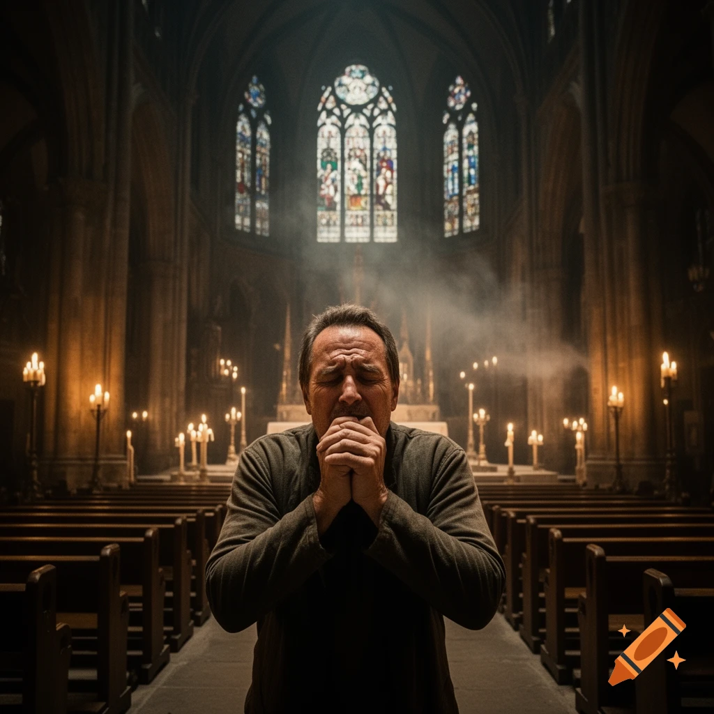 A man with closed eyes and clasped hands prays intensely in a dimly lit church, surrounded by candles and stained glass windows.